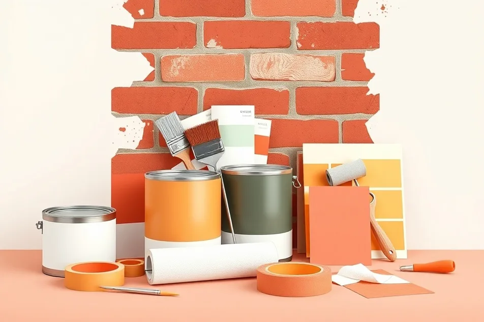 Pots de peinture, nuancier, brosses et rouleaux disposés à plat