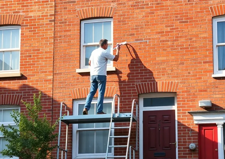 Peintre sur échafaudage traitant la façade d'une maison